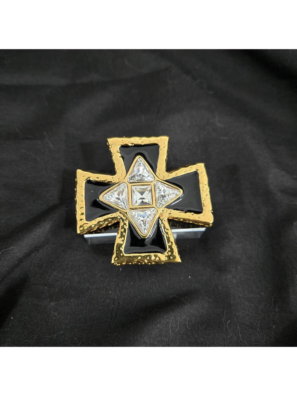 St John Maltese Cross Pendant Brooch Gold Black Enamel Crystal